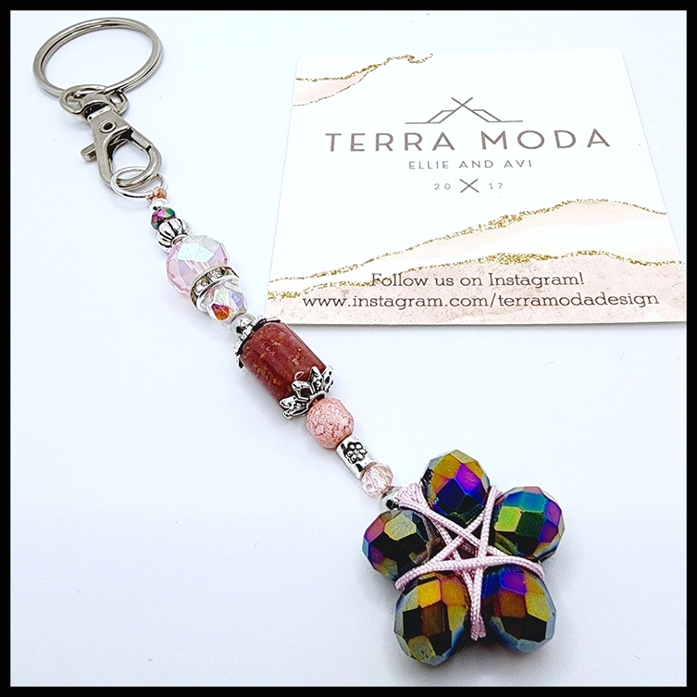 Terra Moda Designs - Floral Beaded Gemstone Keychain in Pink / Brown Tones